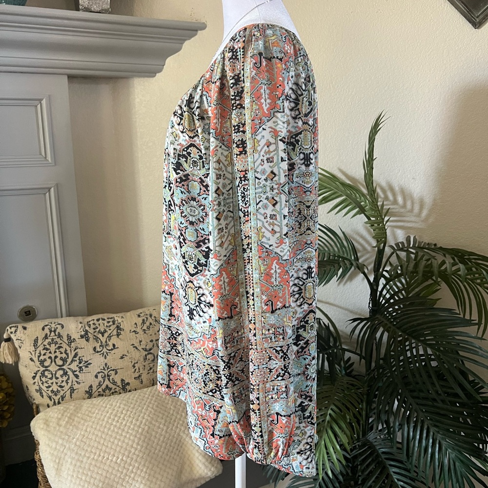 Karen Kane Multicolor Printed Peasant Blouse - Coral, Mint, Black - Picture 4 of 7